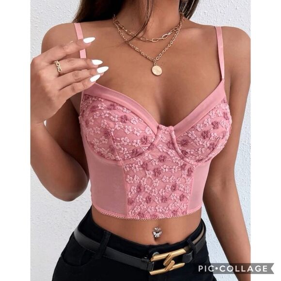 Y2K Barbie Core Floral Embroidered Bustier Seashell Cup Cami Top Size Large - Picture 4 of 5